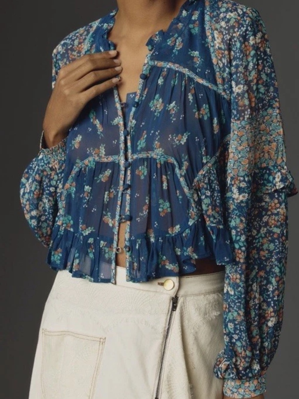 Anthropologie Sheer Babydoll Blouse Blue Floral XS Extra Small Boho Flutter Top - Picture 2 of 7